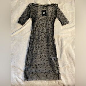 Black, sheer, party dress, black pearls